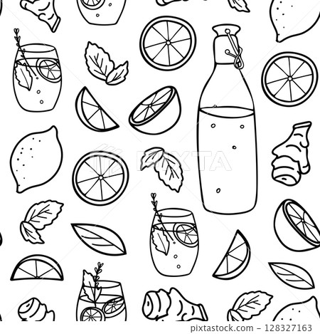 Lemonade seamless vector pattern with glass Bottle with porcelain cap, lemon, mint and Ginger root. Hand drawn Ink Illustration in Doodle style. For paper, menu, fabric prints. 128327163