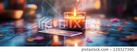 Dramatic candlelight and tarot card in a mystical setting 128327300