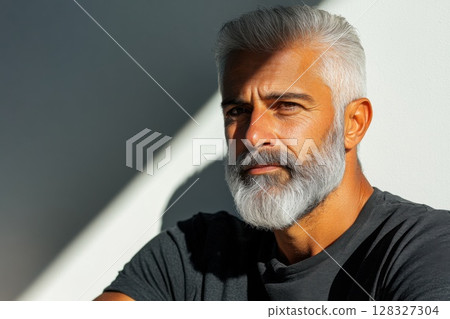 Middle aged man with kind eyes and beard stands against solid white background in sunlight 128327304