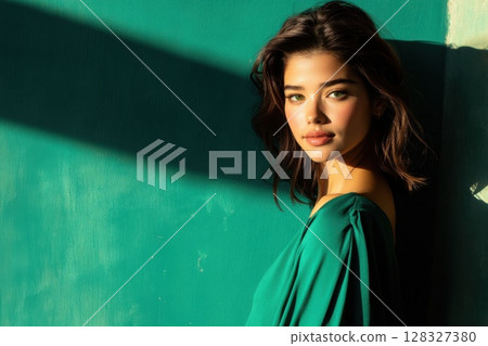Striking woman with green eyes in sunlight against a teal background showcases confidence 128327380