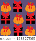 Black boxes of gifts and cute pumpkins with red bows for Halloween. Vector illustration. 128327565