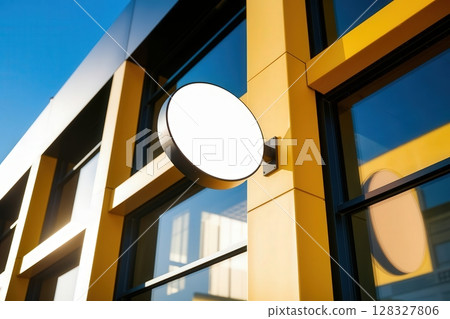 Exterior View of Modern Business Building Facade with Empty Round Signage Spotlighting Architectural Design 128327806