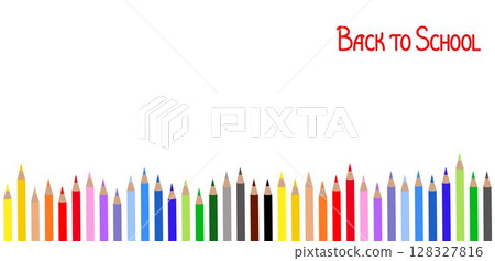 Pencils or crayons horizontal border template with Back to School text, colorful artistic or school stationery accessory for educational concept, colorful design, copyspace for your message 128327816