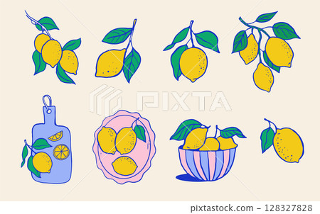 Hand drawn vintage collection of lemon illustrations. Citrus elements. 128327828