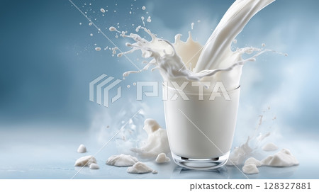 Fresh Cow's Milk Pouring into Glass on neutral Background, Dairy Promotion 128327881