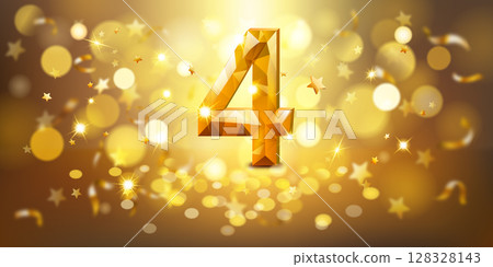 Sparkling golden number 4 surrounded by stars and bokeh lights. 128328143