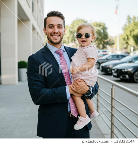 Modern Fatherhood. Businessman Holding Daughter with Sunglasses 128328144