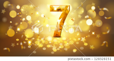 Sparkling golden number 7 surrounded by stars and bokeh lights. 128328151