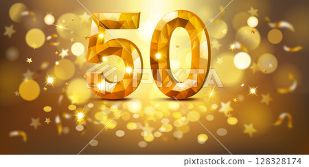 Sparkling golden number 50 surrounded by stars and bokeh lights. Sparkling golden number 50 surrounded by stars and bokeh lights. 128328174