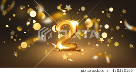 Number 2 surrounded by stars and bokeh lights. 128328196
