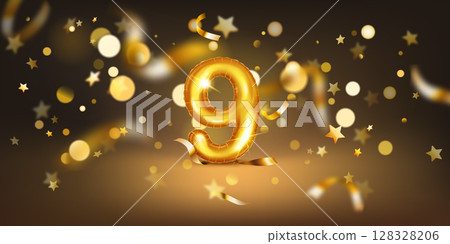 Number 9 surrounded by stars and bokeh lights. 128328206