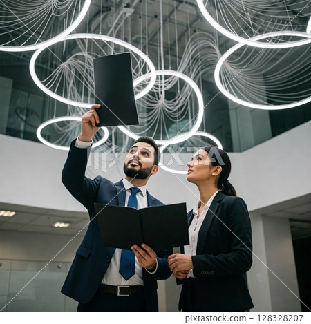 Modern Business Team Reviewing Documents in Contemporary Office. 128328207