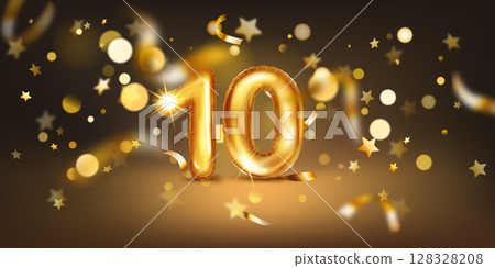 Number 10 surrounded by stars and bokeh lights. 128328208