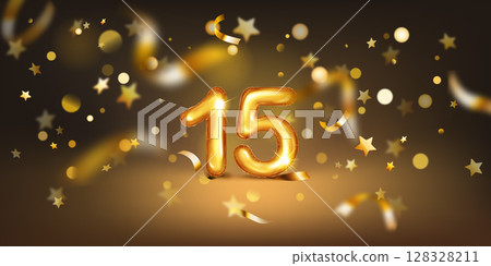 Number 15 surrounded by stars and bokeh lights. 128328211