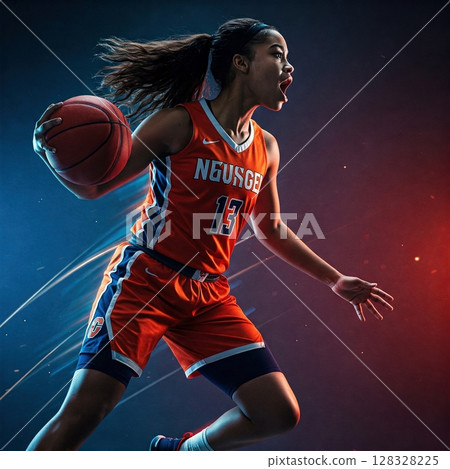 Dynamic Female Basketball Player in Action. Dynamic Female Basketball Player in Action. 128328225
