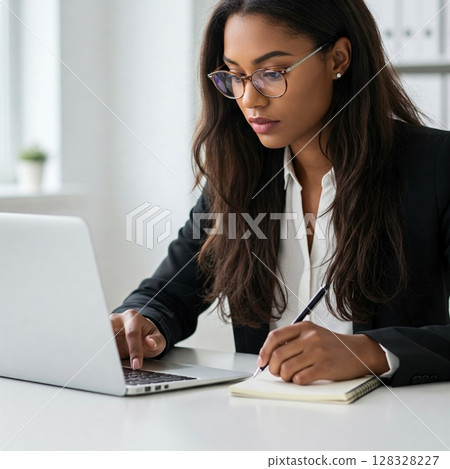 Confident Businesswoman Working at Desk 128328227