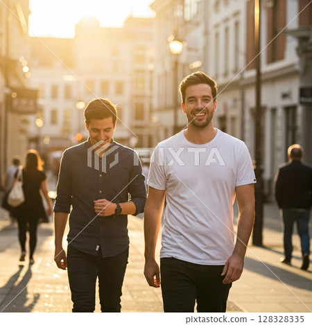 Two Happy Friends Walking Down City Street at Sunset. 128328335