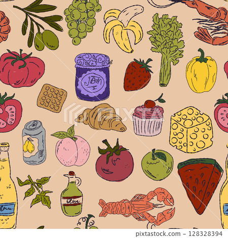 The Dolce Vita collection is a whimsical seamless pattern with vibrant color accents, inspired by the Mediterranean lifestyle. Hand-drawn sketch style 128328394