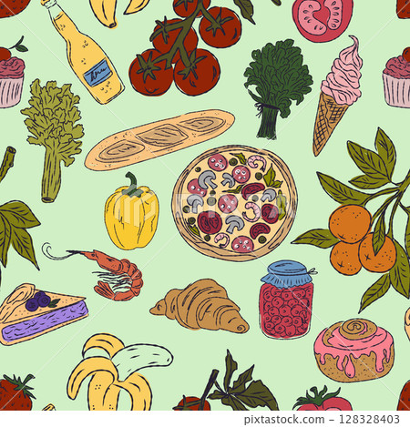 The Dolce Vita collection is a whimsical seamless pattern with vibrant color accents, inspired by the Mediterranean lifestyle. Hand-drawn sketch style 128328403