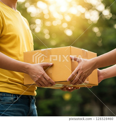 Secure parcel delivery, hands exchanging package outdoors. 128328460