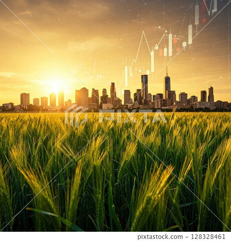 Urban agriculture and financial markets conceptual visualization. 128328461
