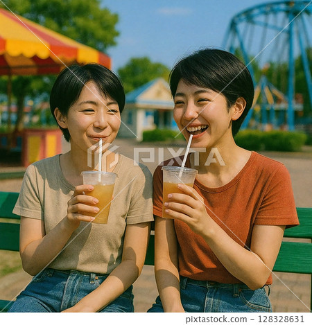 Generate a scene of someone taking a break on a bench in the sunshine, drinking a drink 128328631