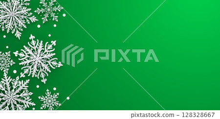 Christmas illustration with paper snowflakes on green. 128328667