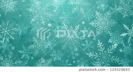 Christmas illustration with large snowflakes on light blue. 128328683