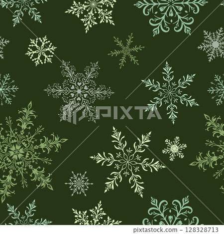 Christmas seamless pattern with large snowflakes on dark green. Christmas seamless pattern with large snowflakes on dark green. 128328713