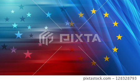 Abstract depiction of the European Union and United States flags merging 128328793