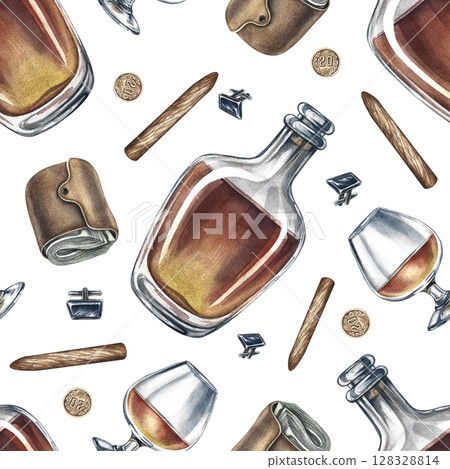 Seamless pattern on a men's theme, with cognac, wallets and cigars. Hand-drawn watercolor illustration. Great for textiles, wrapping paper and packaging, for decor of bars and pubs and much more. 128328814