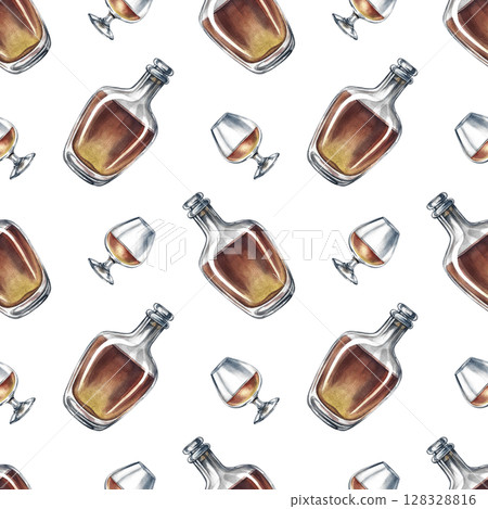 Seamless pattern with cognac, bottles, and wine glasses. Hand-drawn watercolor illustration. Suitable for bar and pub decor. For textiles, wallpapers. For wrapping paper and packaging, and more. Seamless pattern with cognac, bottles, and wine glasses. Hand-drawn watercolor illustration. Suitable for bar and pub decor. For textiles, wallpapers. For wrapping paper and packaging, and more. 128328816