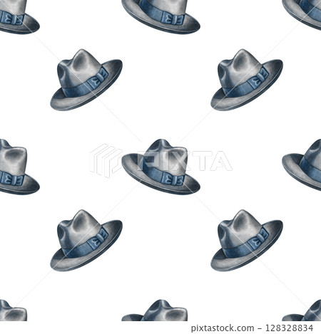 Seamless pattern with men's hats. Handmade watercolor illustration. For textiles, packaging and labels, wallpaper, wrapping paper, decor, and more. 128328834