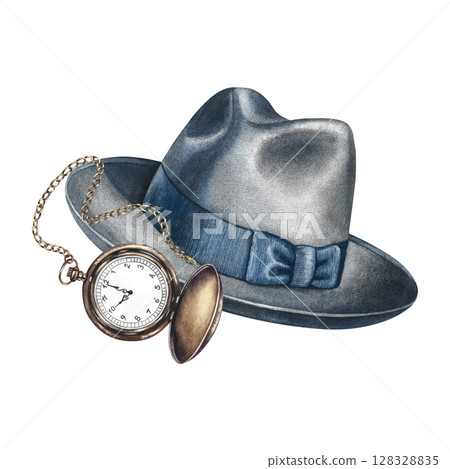Men's gray hat and vintage pocket watch. Hand-drawn watercolor illustration. Colorful image of a men's accessory. Perfect for banners, flyers, packaging, labels, invitations, and more. 128328835