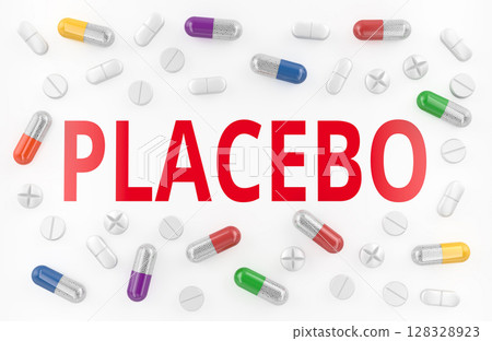 PLACEBO, colorful pills and capsules around text. 3D rendering 128328923