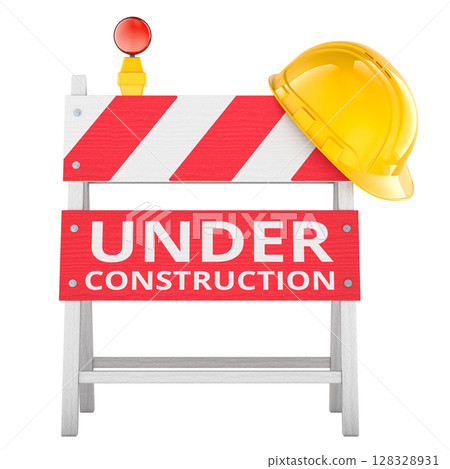 Under Construction sign, barrier with yellow hard hat. 3D rendering Under Construction sign, barrier with yellow hard hat. 3D rendering 128328931