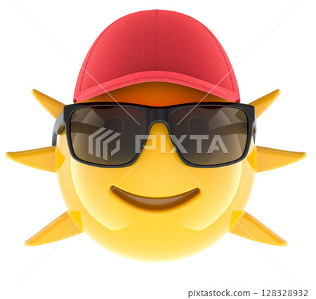 Yellow smiling sun character wearing black sunglasses and a red baseball cap. 3D rendering 128328932