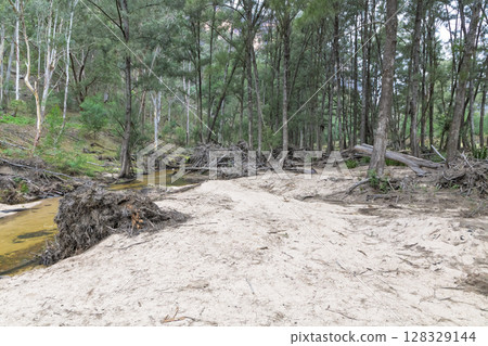 Flood damage at the Capertee River in the Wollemi National Park 128329144
