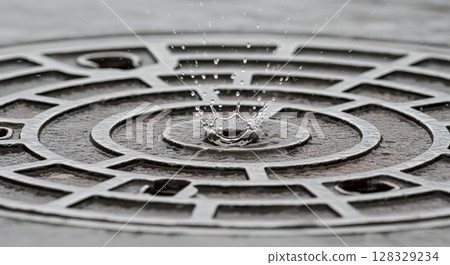 Water Droplet Splash Forming Crown Shape on Textured Metallic Surface with Geometric Pattern 128329234