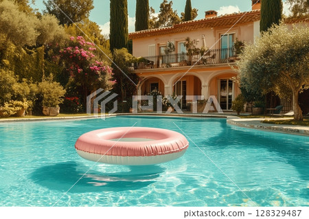 Stylish Italian villa with rustic stone walls and wooden shutters, narrow swimming pool in courtyard 128329487