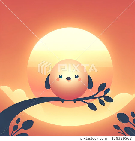 Illustration of a small round bird perched on a branch in front of a sunset 128329568