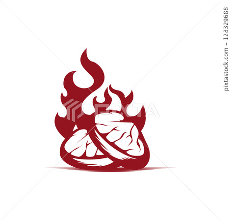 silhouette of steak logo with vintage old minimalist concept with meat, fire and knife, illustration of steak symbol grilled meat templet brand restaurant, food, bar, cafe and poster 128329688