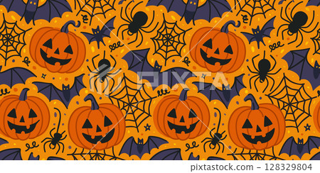 Halloween vector pattern with pumpkins, bats, spiders and webs on yellow background Halloween vector pattern with pumpkins, bats, spiders and webs on yellow background 128329804