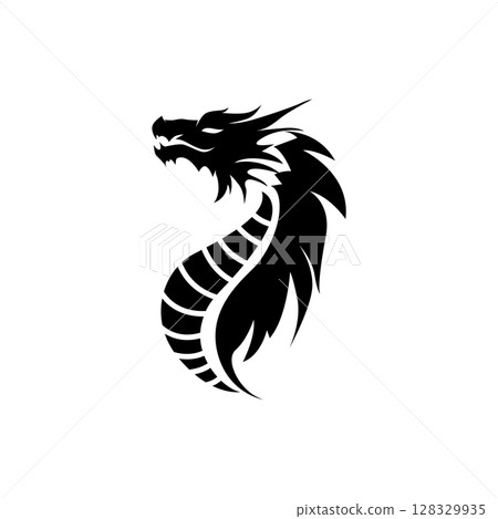 mystical animal legend design with simple dragon logo silhouette and vintage retro ancient illustration templet design 128329935