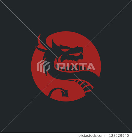mystical animal legend design with simple dragon logo silhouette and vintage retro ancient illustration templet design 128329940