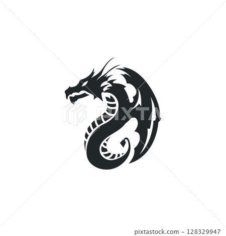 mystical animal legend design with simple dragon logo silhouette and vintage retro ancient illustration templet design 128329947