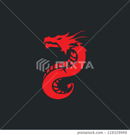 mystical animal legend design with simple dragon logo silhouette and vintage retro ancient illustration templet design 128329949