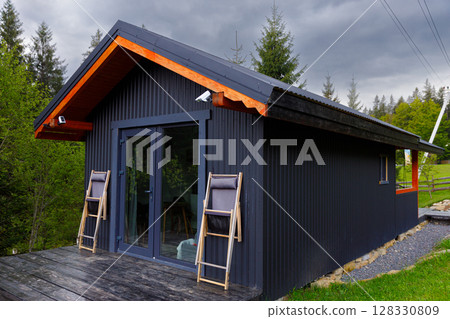 Stylish Modern Cabin Surrounded by Lush Greenery with Cozy Decking and Contemporary Design Nestled Amidst Nature's Beauty Under a Cloudy Sky 128330809