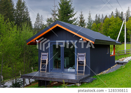 Charming Modern Cabin Surrounded by Lush Greenery and Tall Trees in a Scenic Nature Setting Ideal for Relaxation and Outdoor Adventures 128330811
