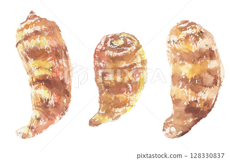 蝦子馬鈴薯的水彩插圖 - 一種帶有美麗條紋的京都蔬菜 128330837